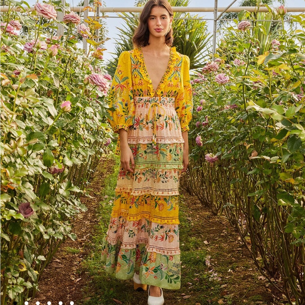 Farm Rio Floral Maxi Dress in Yellow, peach and Green